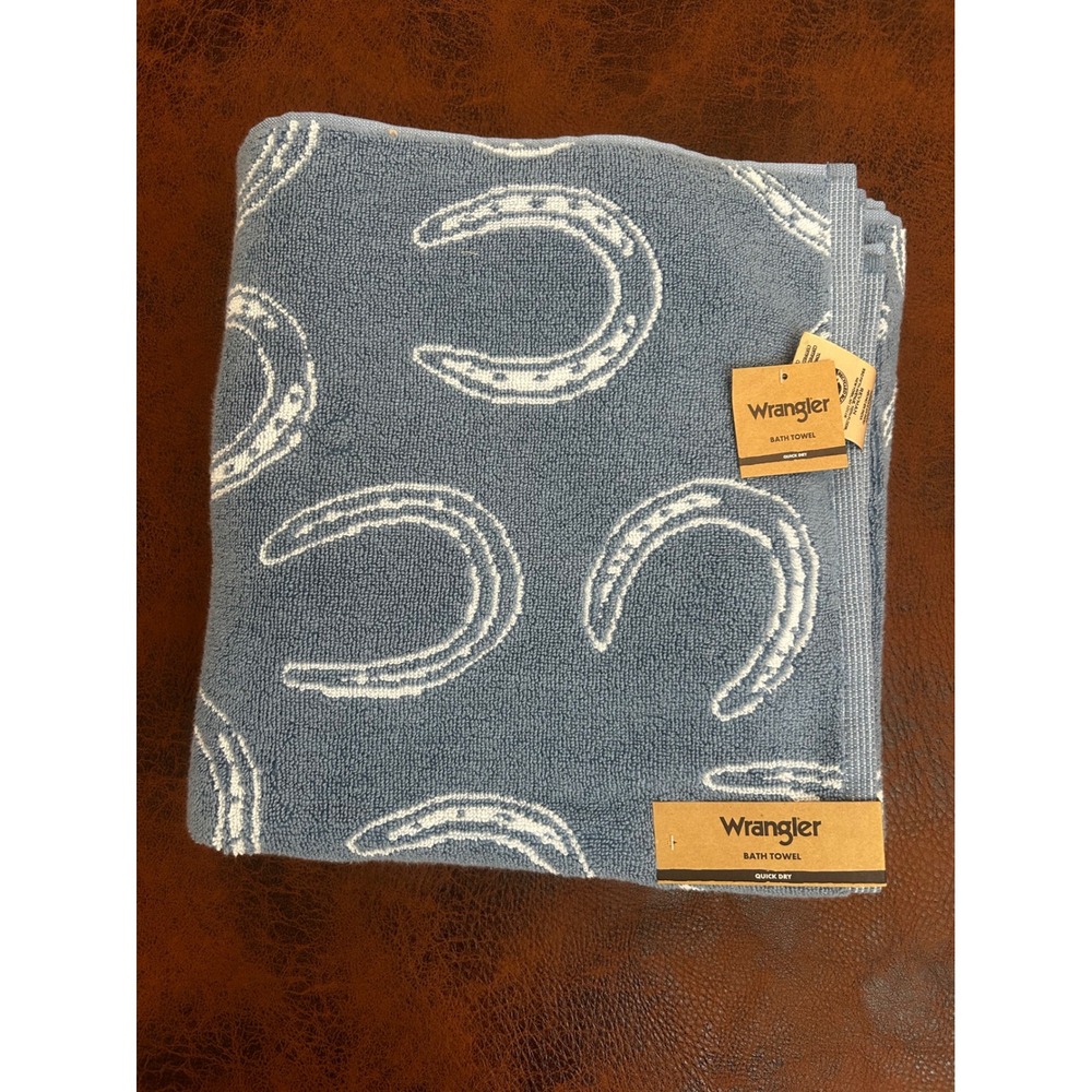 Wrangler Horseshoe Bath Towel Blue White Western Cowboy Quick Dry 28x52 NEW